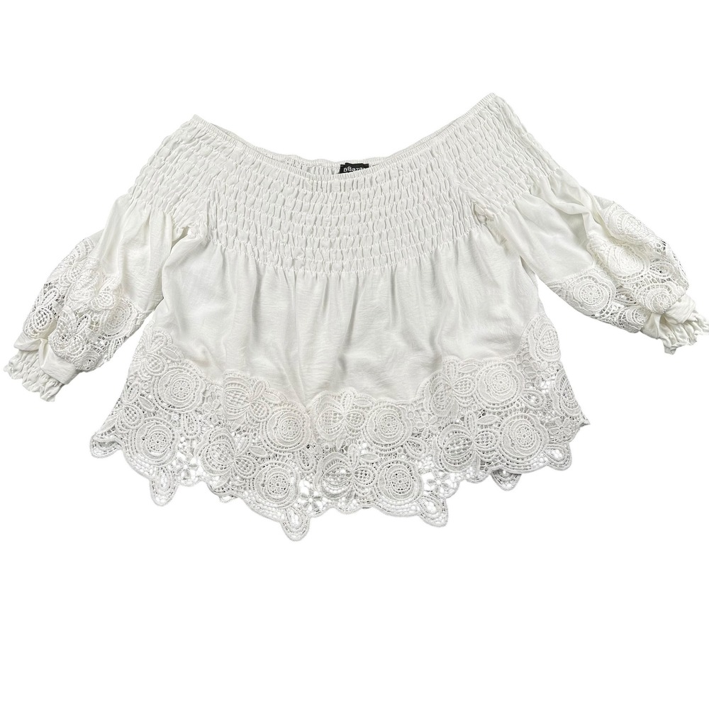 EillyBazar Womens White Peasent Off The Shoulder Lace Trim Boho Blouse Large 940